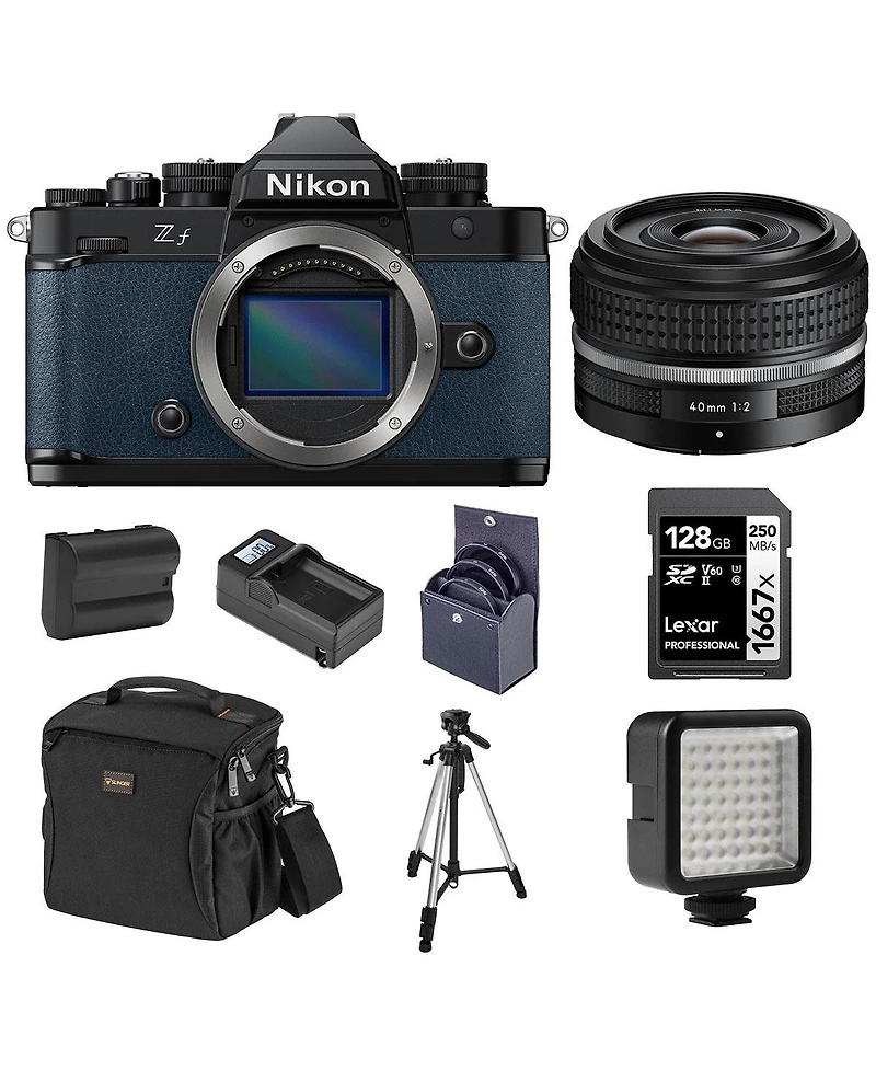 Nikon Z f Mirrorless Camera, Blue with Nikkor Z 40mm f/2 Se Lens, Bundle with Battery, 128GB Memory Card, W49 Mini Led Light and Tripod