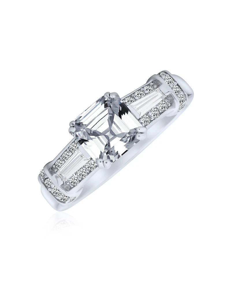 Bling Jewelry Art Deco Inspired 2CT Cubic Zirconia Square Asscher Cut Promise Ring Cz Baguettes Side Stone Sterling Silver