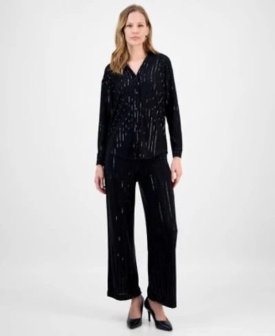 Anne Klein Womens Metallic Stripe Blouse Wide Leg Pants