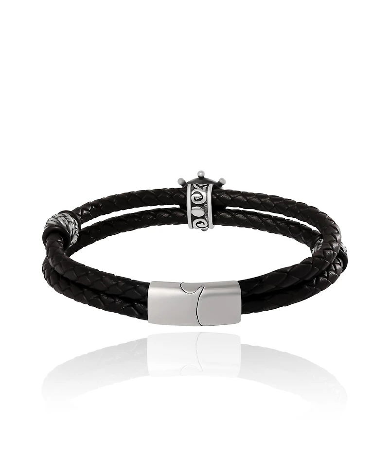 Lucky Brand Mens Nautical Wheel Black Braided Leather Bracelet
