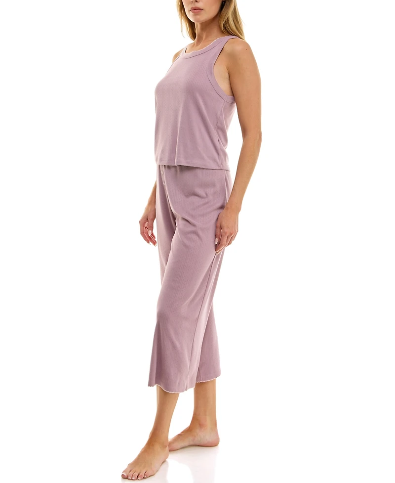 Roudelain Women's 2-Piece Contrast Binding Sleeveless T-Shirt and Pajama Set