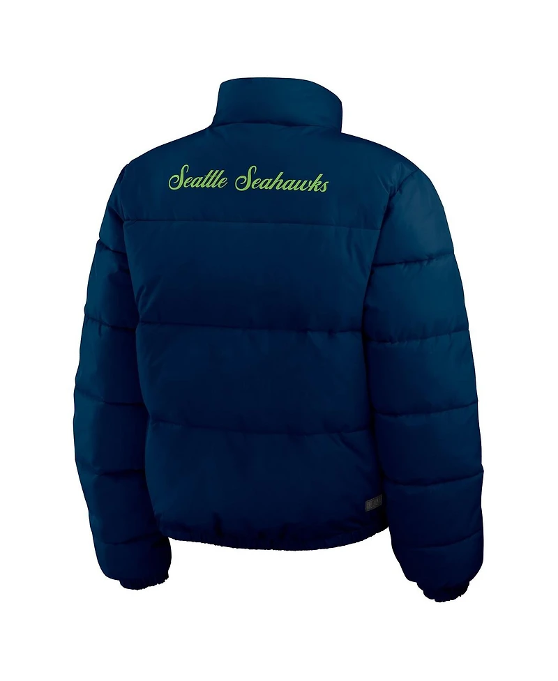 Wear by Erin Andrews Women's College Navy/White Seattle Seahawks Reversible Cropped Full-Zip Puffer Jacket
