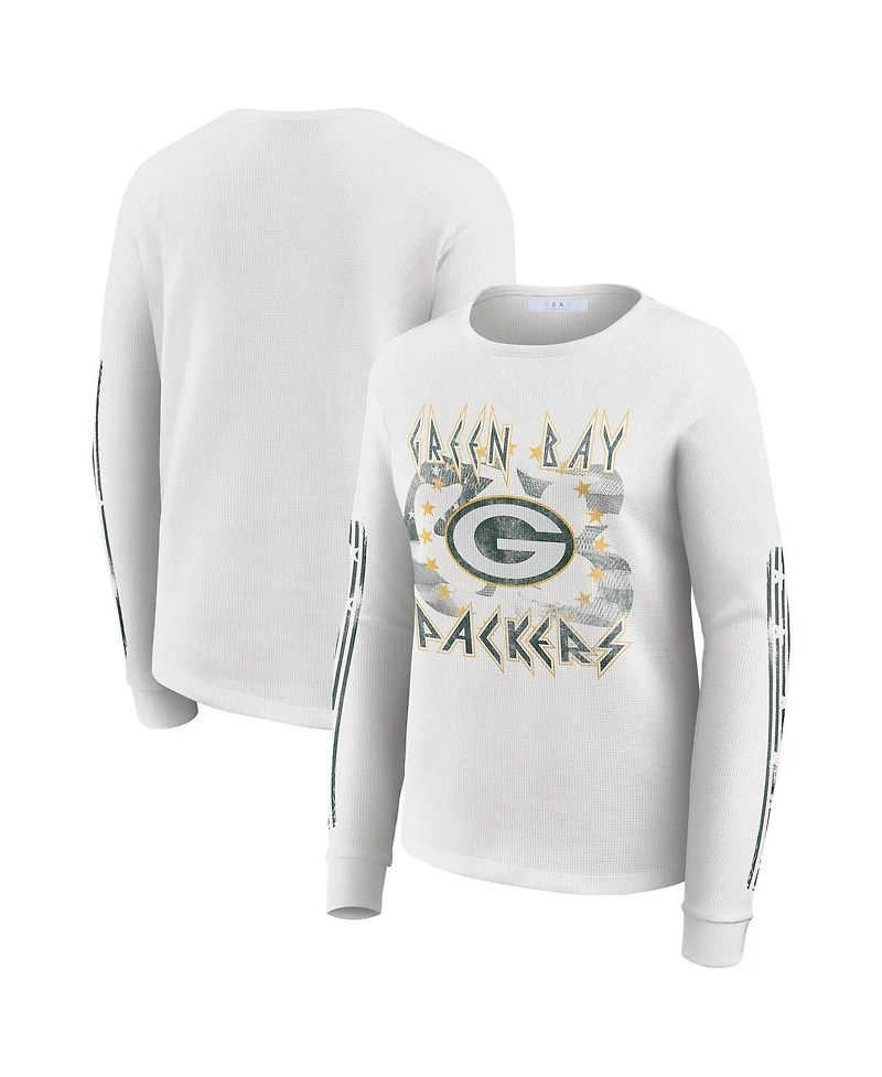 Wear by Erin Andrews Women's White Green Bay Packers Graphic Waffle Long-Sleeve T-Shirt