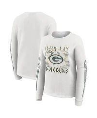 Wear by Erin Andrews Women's White Green Bay Packers Graphic Waffle Long-Sleeve T-Shirt