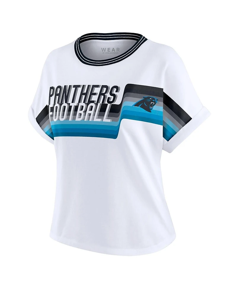 Wear by Erin Andrews Women's White Carolina Panthers Cropped Center Stripe Dolman T-Shirt
