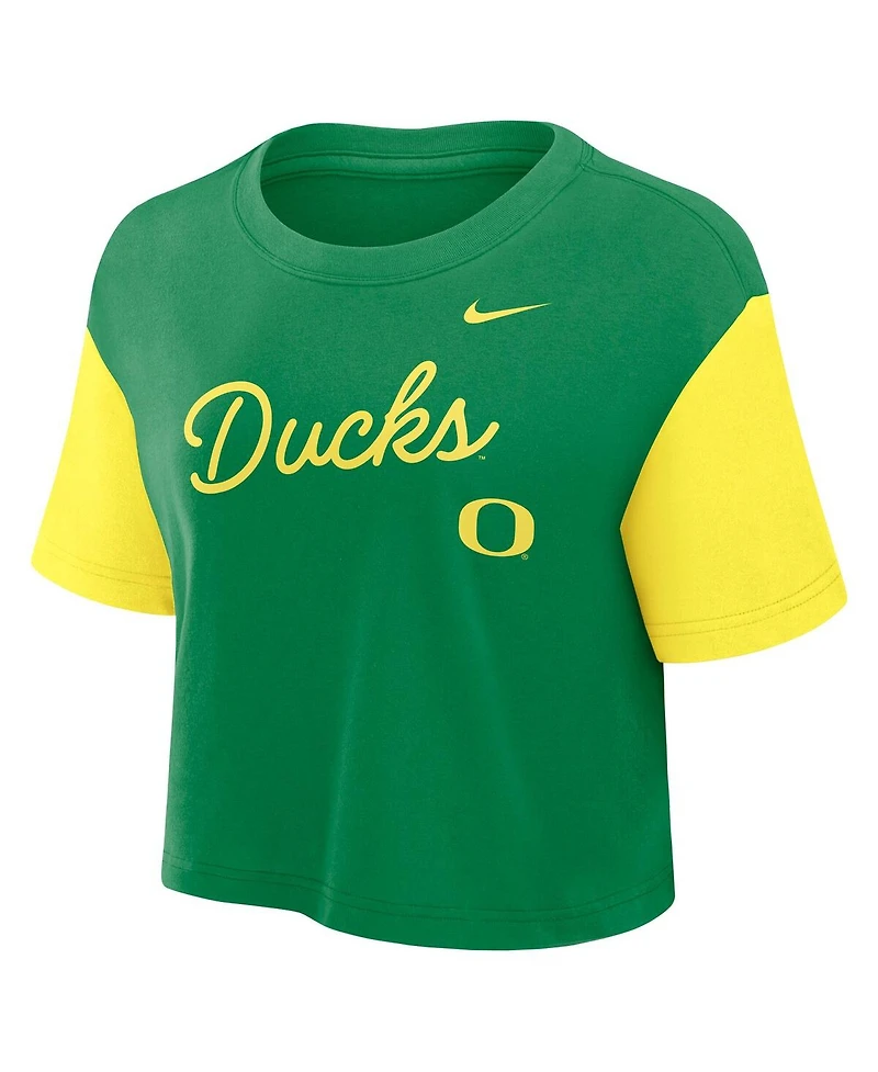 Nike Women's Green/Yellow Oregon Ducks Color-Block Script Dri-fit Cropped T-Shirt