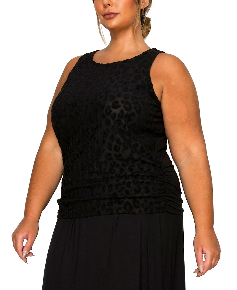 Coin 1804 Plus Cheetah Burnout Side Ruched Tank Top