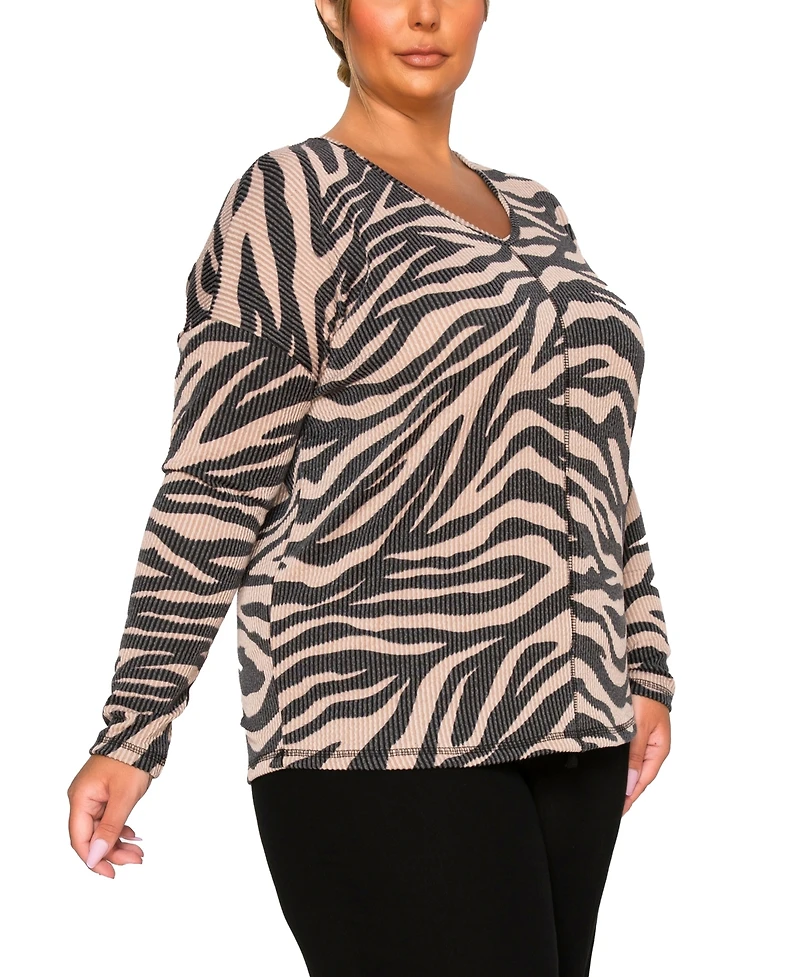 Coin 1804 Plus Size Textured Zebra V Neck Dolman Top