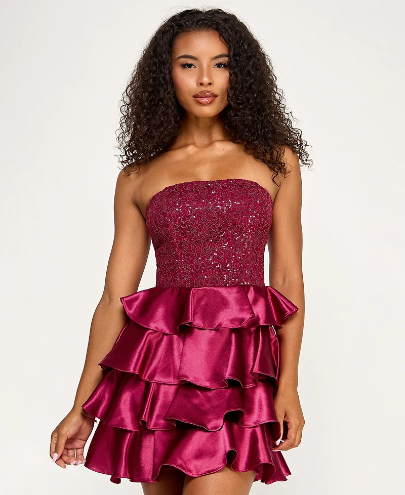 Seni & Cade Juniors' Strapless Satin Tiered Skirt Dress