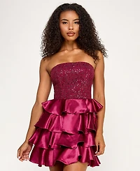 Seni & Cade Juniors' Strapless Satin Tiered Skirt Dress