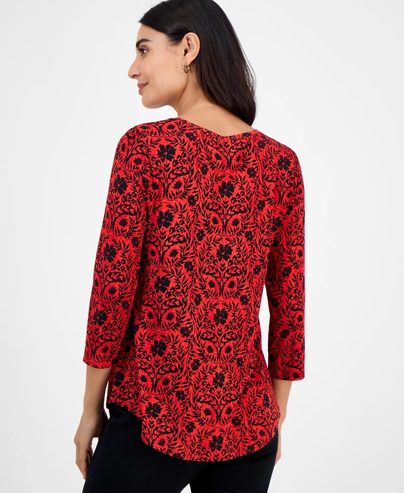 Jm Collection Petite Painted Foliage 3/4-Sleeve Top, Macy's Exclusive