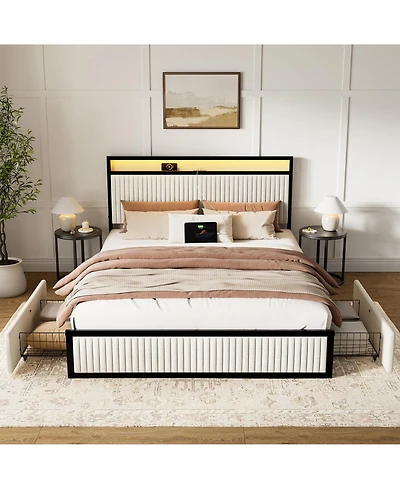 Hausource Full Size Velvet Upholstered Bed Frame with Led Headboard, 2 Drawers, Charging Station