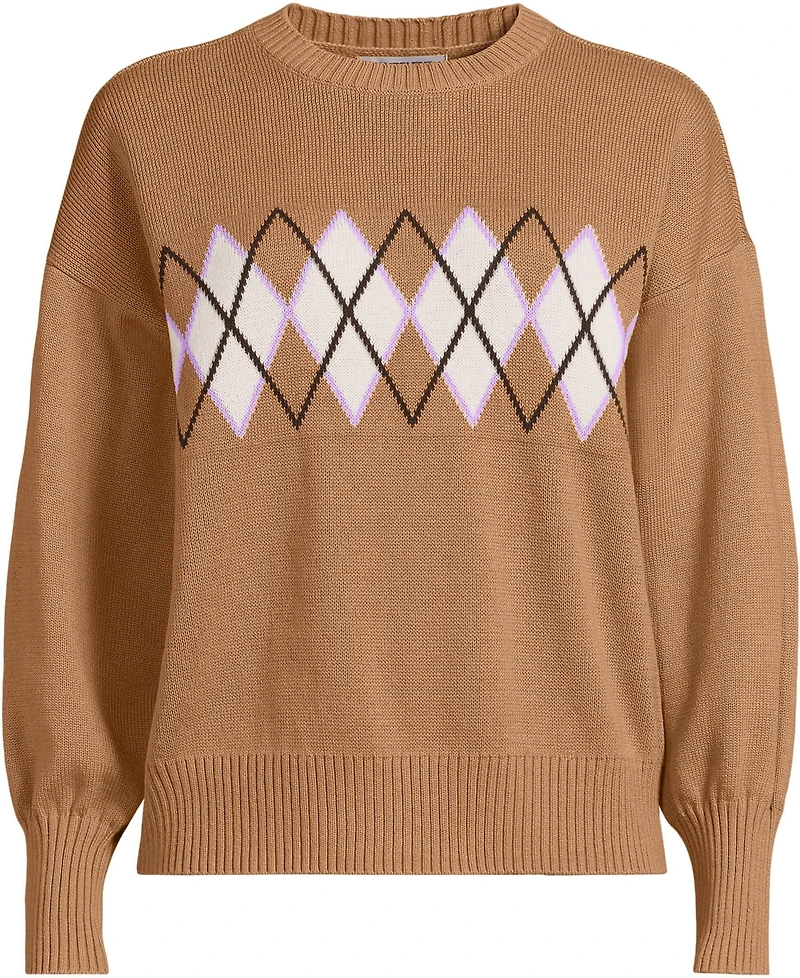 Lands' End Women's Plus Cotton Drifter Argyle Crew Neck Sweater