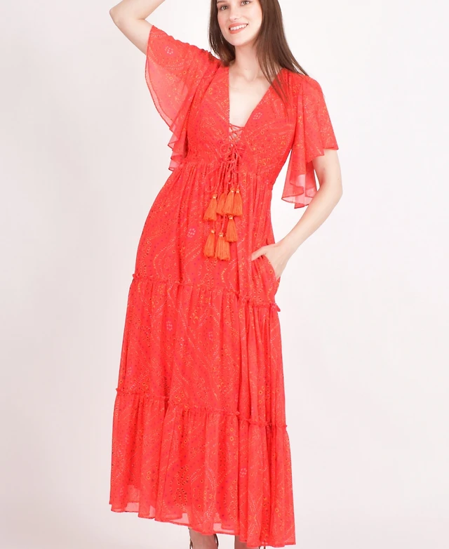 Abercrombie & Fitch Plunge Lace Tiered Maxi Dress | MainPlace Mall