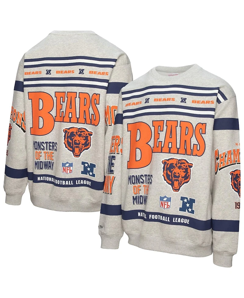 Mitchell & Ness Men's Heather Gray Chicago Bears All Over Print Fleece Crewneck Sweatshirt