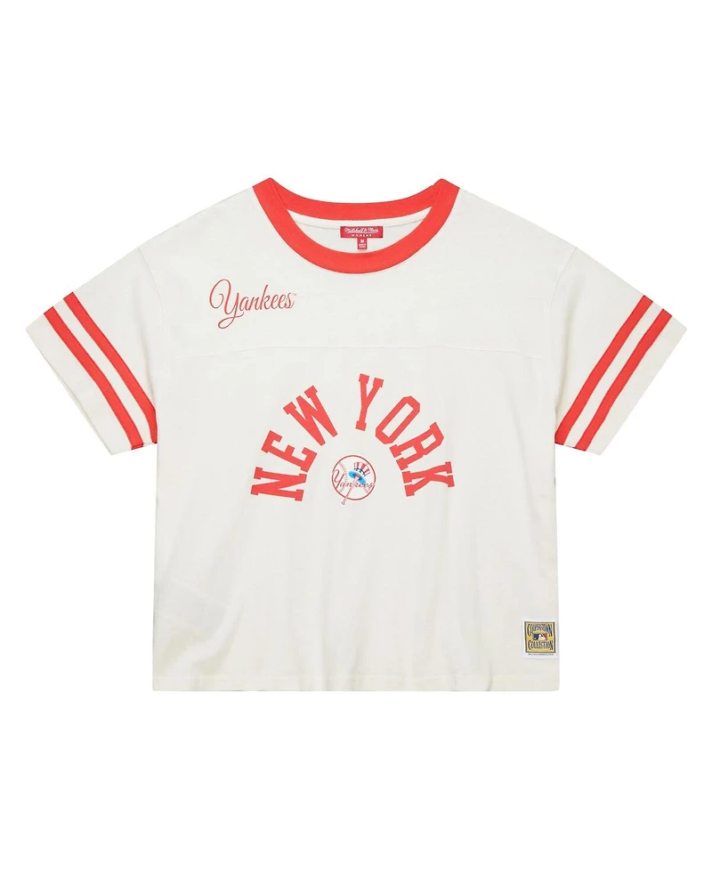 Mitchell & Ness Women's Cream New York Yankees Cooperstown Collection Cropped Yoke T-Shirt