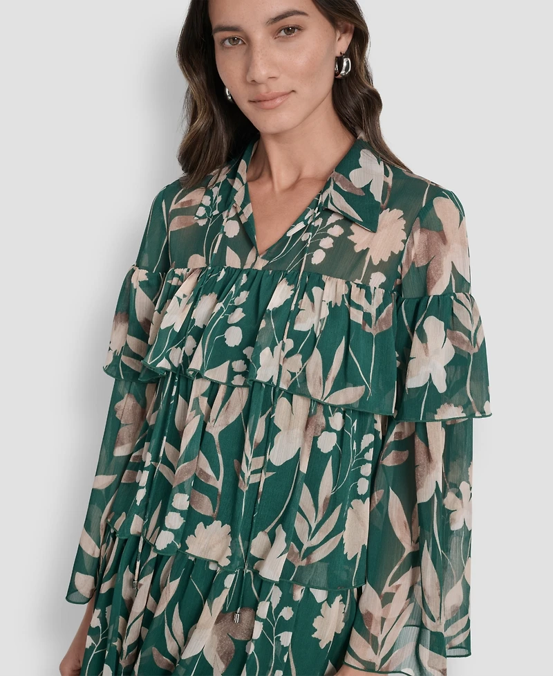 Dkny Women's Long Sleeve Tiered Ruffle Dress