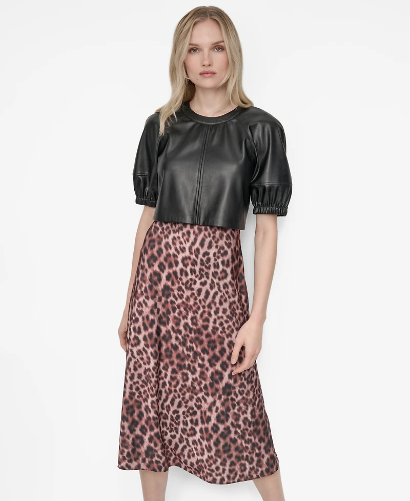 Dkny Women's Short Sleeve Jewel Neck Mixed Media Midi Dress