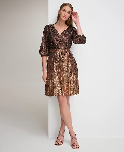 Dkny Women's Long Sleeve Ombre Faux Wrap Sequin Dress