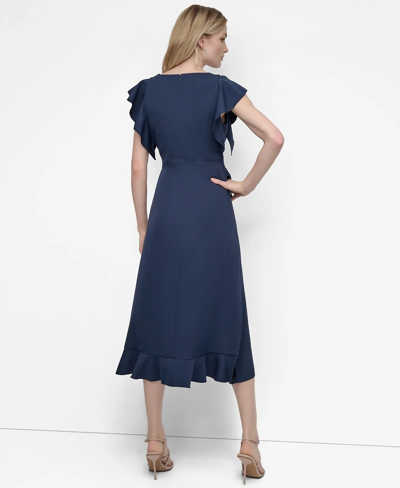 Dkny Women's Ruffle Sleeve V Neck Midi Dress