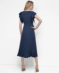 Dkny Women's Ruffle Sleeve V Neck Midi Dress