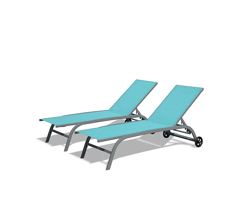 Chaise Lounge Outdoor Set of 2,Woven Stackable Gray Aluminum Frame Stationary Chaise Lounge Chair with Blue Woven Seat