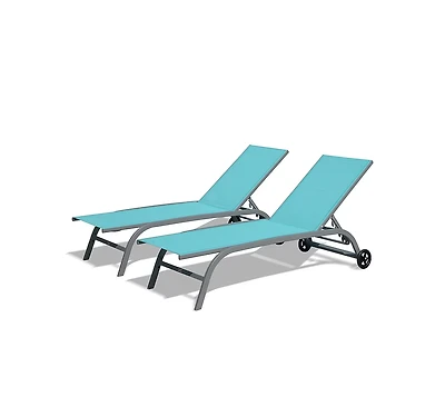 Chaise Lounge Outdoor Set of 2,Woven Stackable Gray Aluminum Frame Stationary Chaise Lounge Chair with Blue Woven Seat