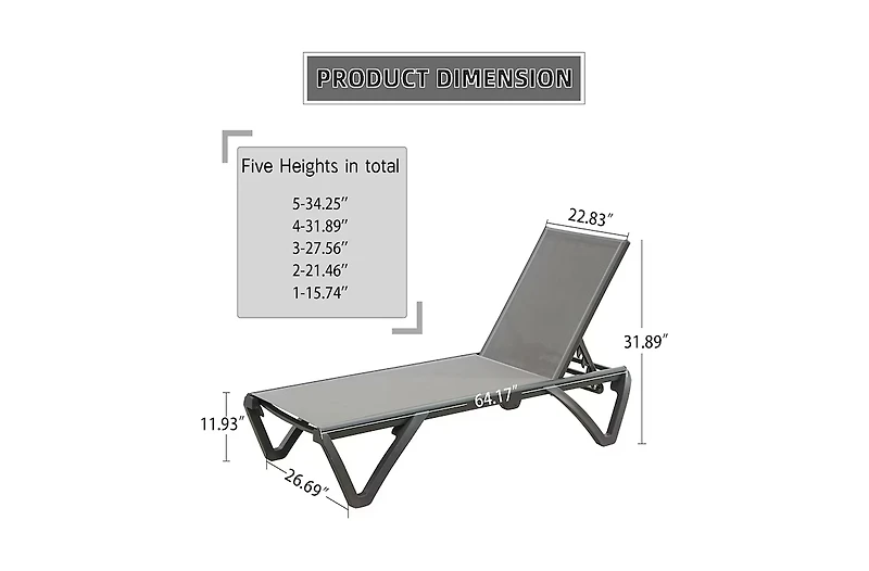 Clihome Patio Chaise Lounge Outdoor Aluminum Polypropylene Chair Set of 2,Woven Stackable Gray Aluminum Frame Stationary Chaise Lounge Chair with Gray