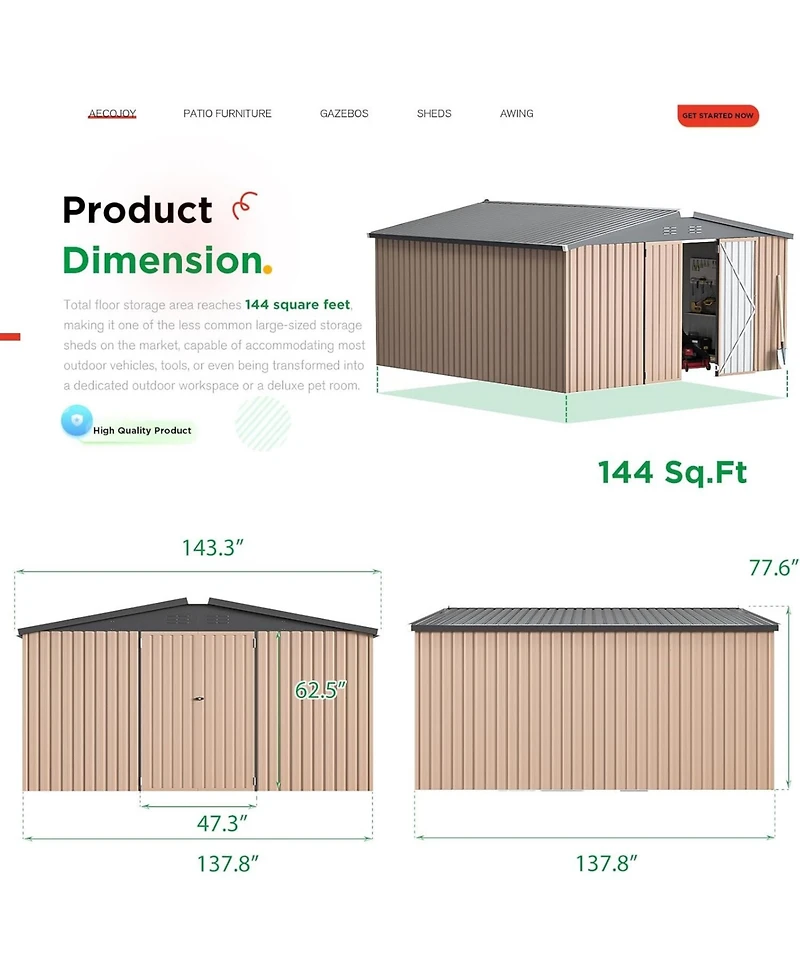 Aecojoy 12'x12' Outdoor Storage Shed