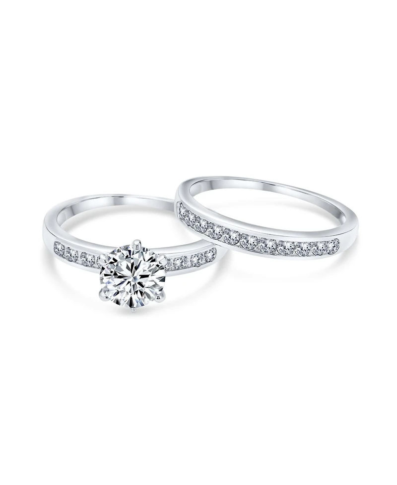 Bling Jewelry Classic 2CT Round Solitaire 6 Prong Solitaire Pave Band Cz Promise Ring Set Band Sterling Silver