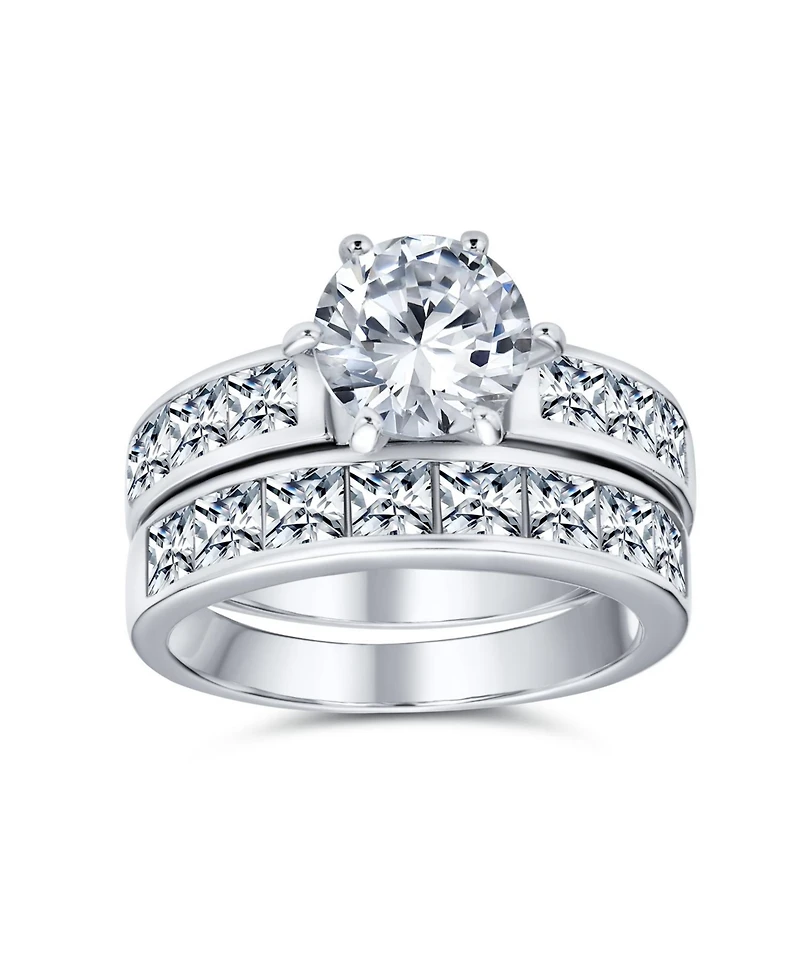 Bling Jewelry 3CT Classic Round Solitaire Cubic Zirconia With Cz Side Stone Princess Cut Band Promise Ring Set Sterling Silver