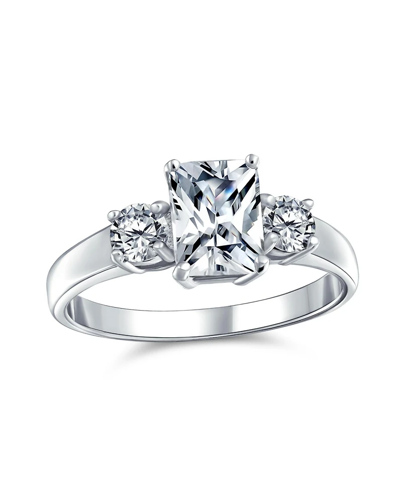 Bling Jewelry Timeless Classic Style 2CT Rectangle Clear Emerald Cut Three Stone Past Present Future Promise Ring Sterling Silver Plain Band