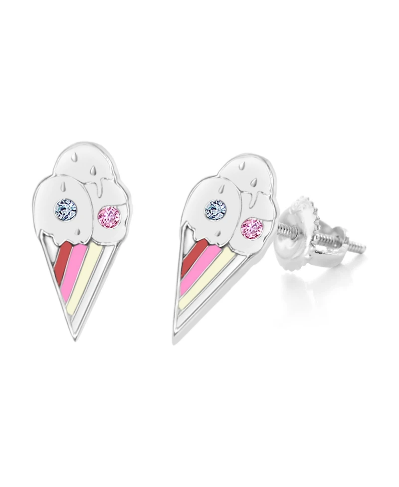 Chanteur Girls /Girl/Ice cream Enamel Stripes Crystal White Gold Palladium Plating Screwstud Earring