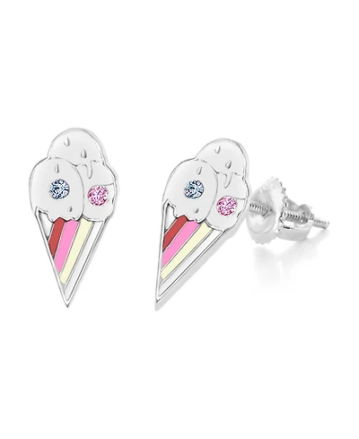 Chanteur Girls /Girl/Ice cream Enamel Stripes Crystal White Gold Palladium Plating Screwstud Earring