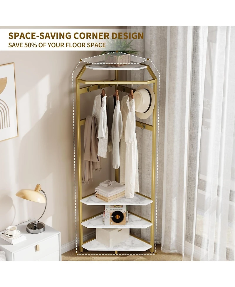 gaomon Corner Coat Rack With Shoe Bench and 6 Double Hooks, Corner Hall Tree