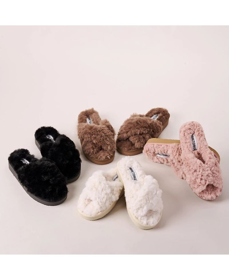 Minnetonka Women's Teddy Crossband Faux Fur Slippers