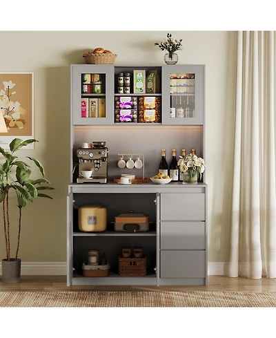 gaomon Kitchen Pantry Cabinet,71" Tall Storage Cabinet with Doors and Shelves Adjustable, Kitchen Storage Hutch with Microwave Shelf, Led Lights and C