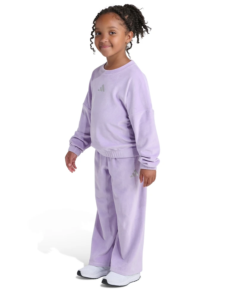 Adidas Toddler and Little Girls Two Piece Crewneck Velour Sweatshirt Wide Leg Pants Set