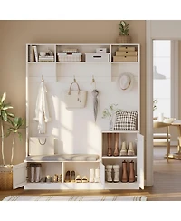 gaomon Hall Tree with Shoe Storage, 78.8" Entryway Bench with Coat Rack, with 4 Shoe Cabinet, 4 Coat Hooks, 3 Top Open Shelves, 5-in-1 Freestandi