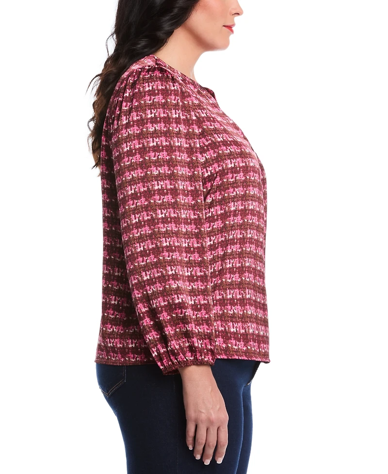 Rafaella Plus Crosshatch Print Split Neck Long Sleeve Popover Top