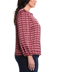 Rafaella Plus Crosshatch Print Split Neck Long Sleeve Popover Top