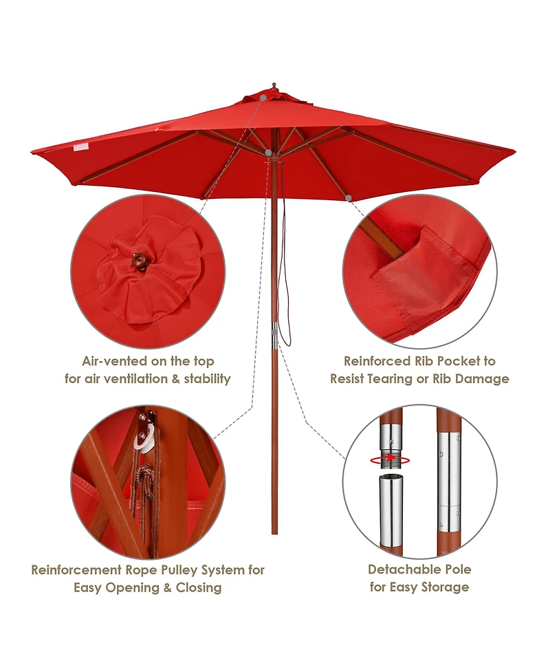 Yescom 9ft Solid Wood Outdoor Patio Umbrella with Base Included Parasol Wheels Stand for Bistro Market Garden Deck Yard Poolside.