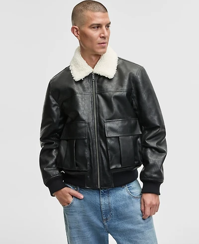 Mode of One Men's Relaxed-Fit Faux-Sherpa-Collar Faux-Leather Bomber Jacket, Macy's Exclusive