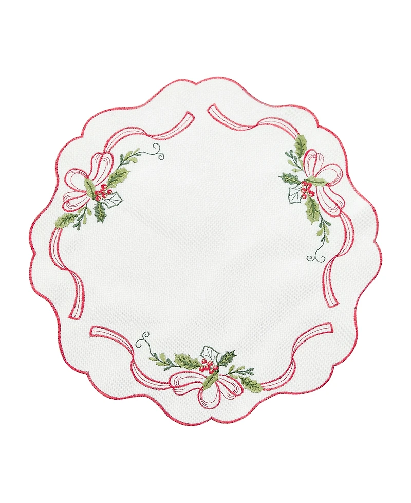 Elrene Holly Ribbon Embroidered Cutwork Fabric Round Placemat, 15"