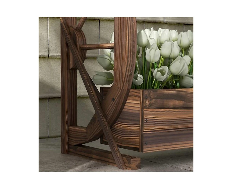 2-Planter Garden Wagon Wheel in Fir Wood, Farmhouse Style Outdoor Decor