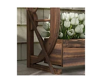 2-Planter Garden Wagon Wheel in Fir Wood, Farmhouse Style Outdoor Decor
