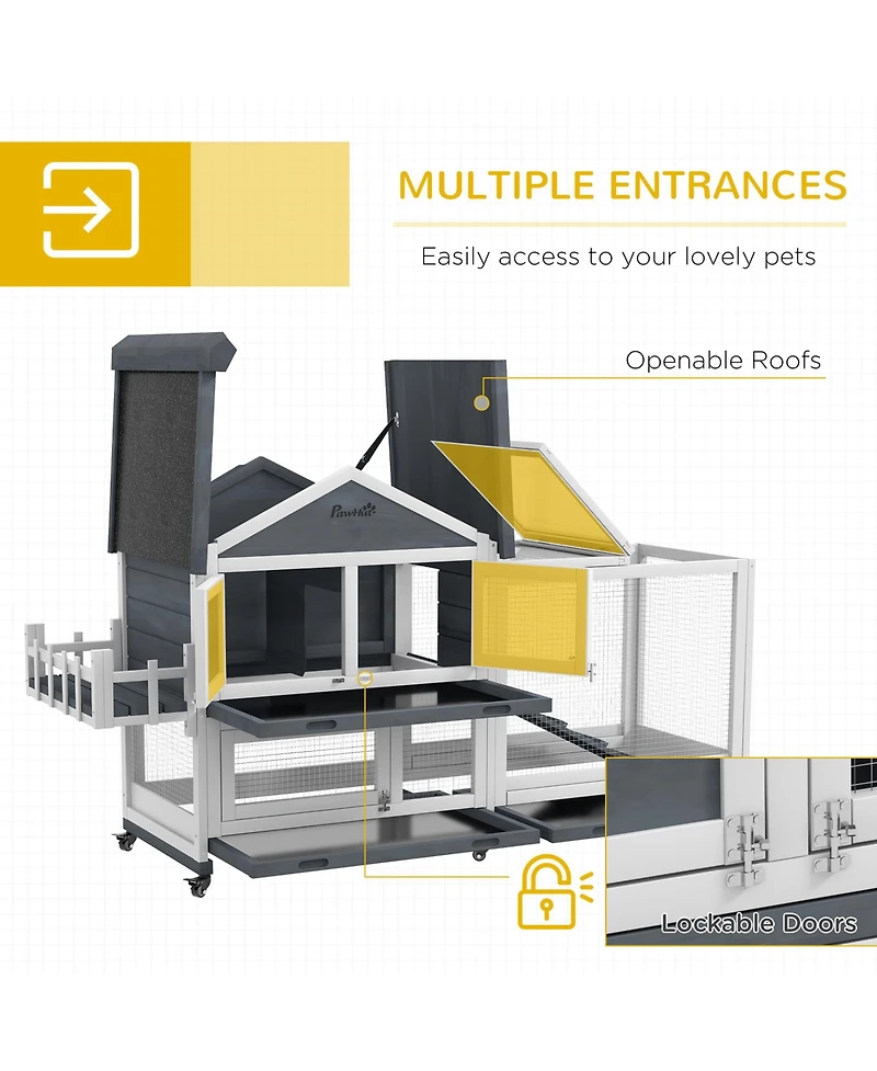 PawHut Wooden Rabbit Hutch with Wheels, Openable Roof, Storage Box