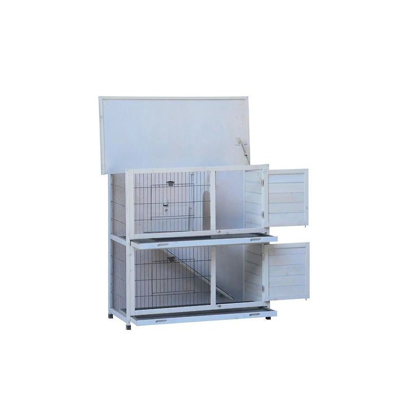 Aostirmotor 41" Outdoor Wooden Rabbit Hutch with 2 Removable No-Leak Trays Non-Slip Ramp Waterproof Roof in Gray