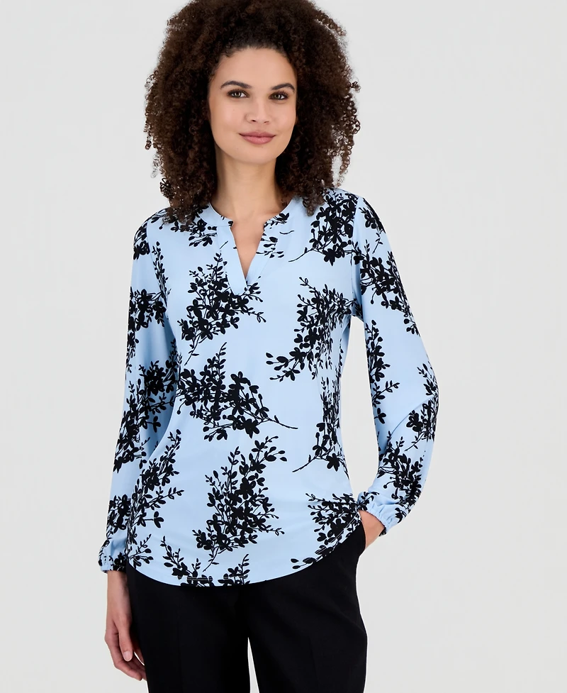 Ak Anne Klein Women's Floral-Print Split-Neck Long-Sleeve Top