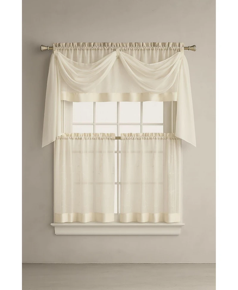 Kate Aurora Living Complete 4 Piece Linen Leaf Embroidered Kitchen Curtain Set - 58 in. W x 36 L, Gold